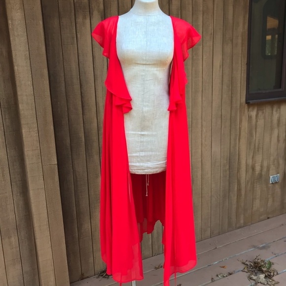 Anthropologie Yumi Kim Womens Red Wrap Midi Dress Ruffle Crepe Large - Picture 11 of 16